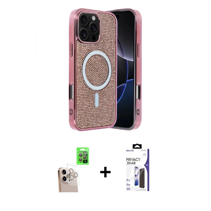 MARSİLYAN™- iPhone 16 Pro Max Kılıf Eksen Çizgi - Siyah Bilvis 3X AR Hayalet Cam Ekran Koruyucu + Raze Metal Kamera Lens - NLGY