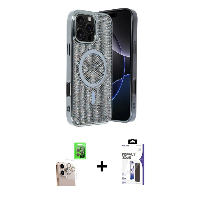 MARSİLYAN™- iPhone 16 Pro Max Kılıf Eksen Çizgi - Siyah Bilvis 3X AR Hayalet Cam Ekran Koruyucu + Raze Metal Kamera Lens - NLGY