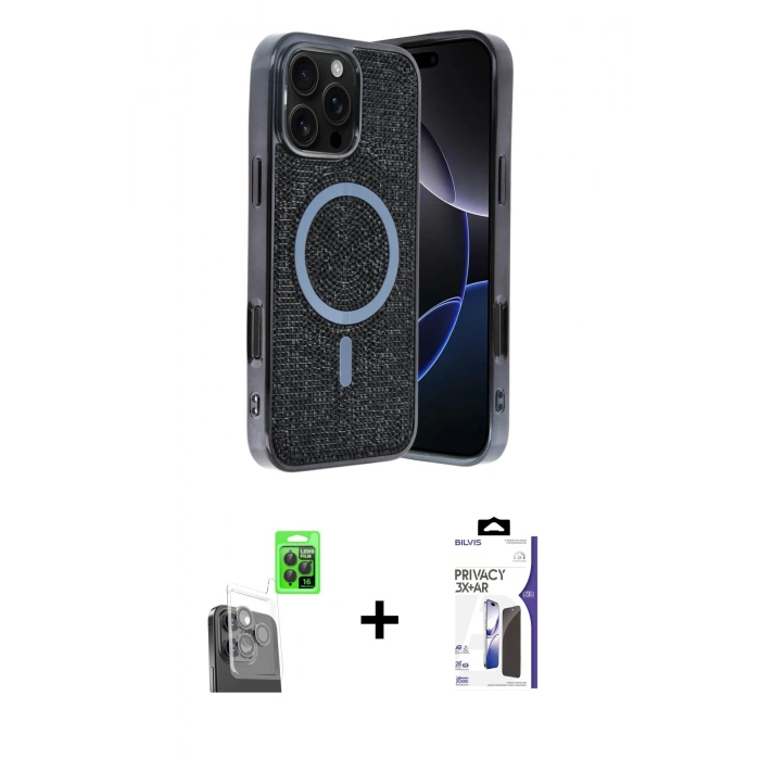 MARSİLYAN™- iPhone 16 Pro Max Kılıf Eksen Çizgi - Siyah Bilvis 3X AR Hayalet Cam Ekran Koruyucu + Raze Metal Kamera Lens - SH
