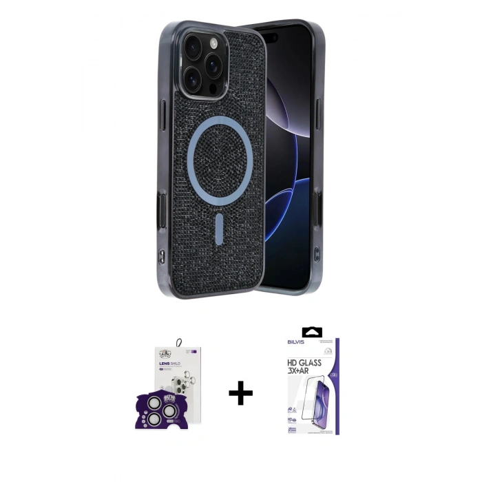 MARSİLYAN™- iPhone 16 Pro Max Kılıf Eksen Çizgi - Siyah Bilvis 3X AR HD Cam Ekran Koruyucu + Bilvis Titan Kamera Lens - GS