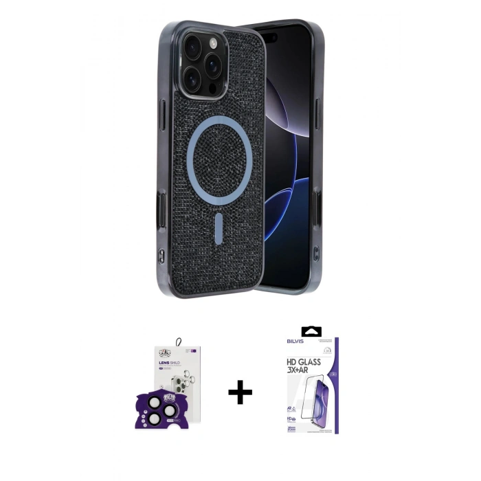 MARSİLYAN™- iPhone 16 Pro Max Kılıf Eksen Çizgi - Siyah Bilvis 3X AR HD Cam Ekran Koruyucu + Bilvis Titan Kamera Lens - SH