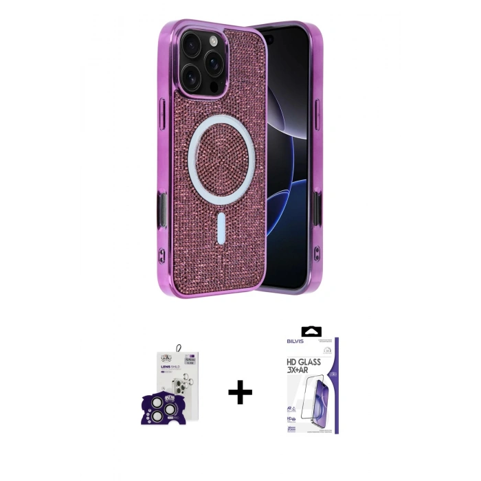 MARSİLYAN™- iPhone 16 Pro Max Kılıf Eksen Çizgi - Siyah Bilvis 3X AR HD Cam Ekran Koruyucu + Bilvis Titan Kamera Lens - TMGI