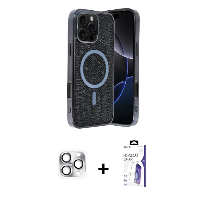 MARSİLYAN™- iPhone 16 Pro Max Kılıf Eksen Çizgi - Siyah Bilvis 3X AR HD Cam Ekran Koruyucu + Pers Alüminyum Kamera Lens - GS
