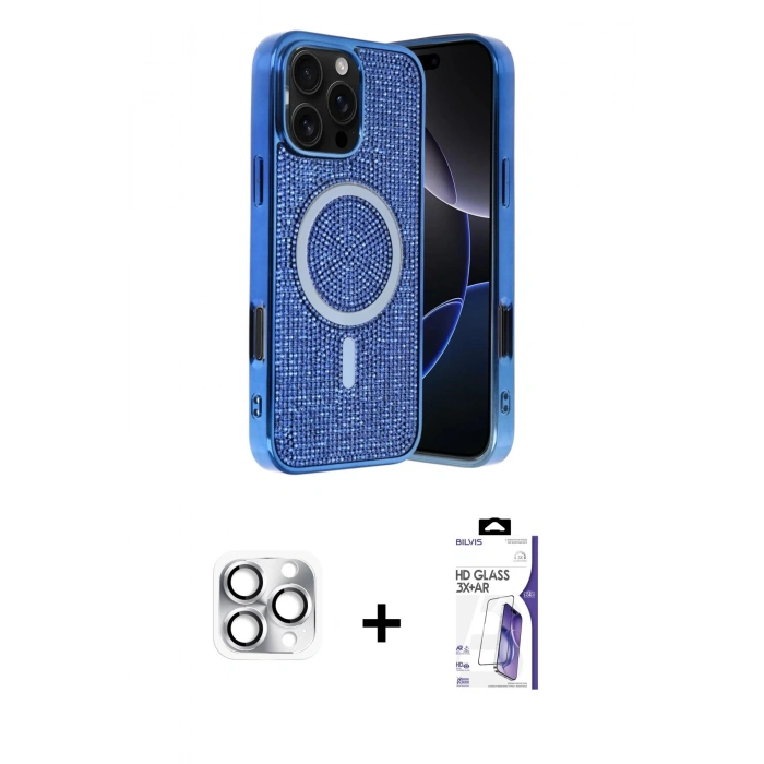 MARSİLYAN™- iPhone 16 Pro Max Kılıf Eksen Çizgi - Siyah Bilvis 3X AR HD Cam Ekran Koruyucu + Pers Alüminyum Kamera Lens - GS
