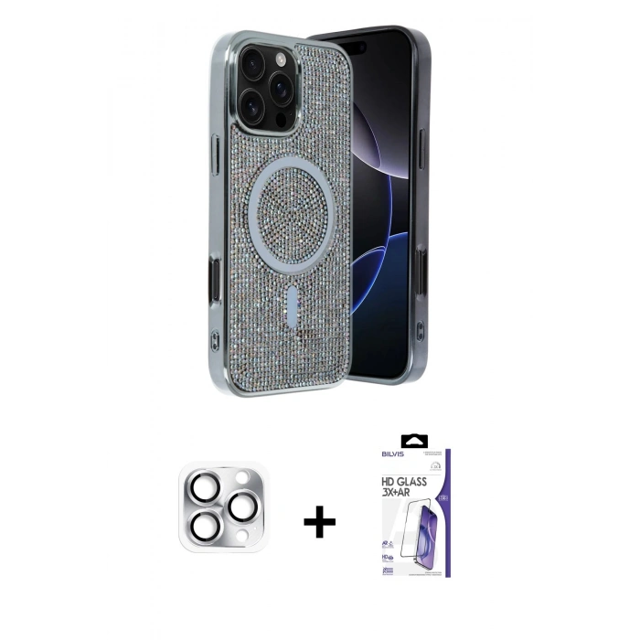 MARSİLYAN™- iPhone 16 Pro Max Kılıf Eksen Çizgi - Siyah Bilvis 3X AR HD Cam Ekran Koruyucu + Pers Alüminyum Kamera Lens - GS