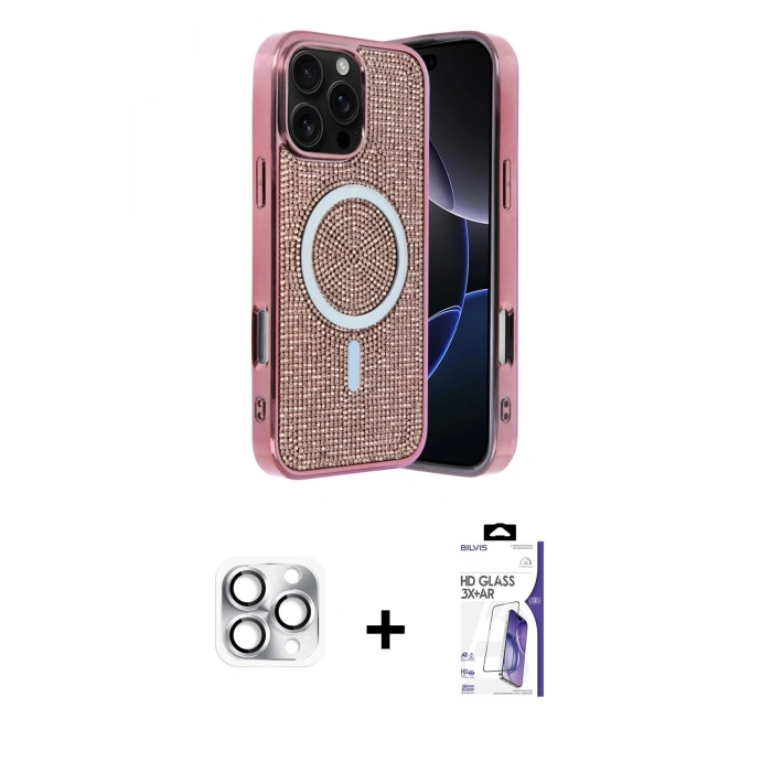 MARSİLYAN™- iPhone 16 Pro Max Kılıf Eksen Çizgi - Siyah Bilvis 3X AR HD Cam Ekran Koruyucu + Pers Alüminyum Kamera Lens - GS