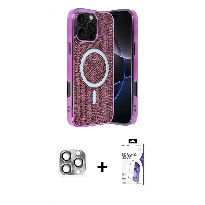 MARSİLYAN™- iPhone 16 Pro Max Kılıf Eksen Çizgi - Siyah Bilvis 3X AR HD Cam Ekran Koruyucu + Pers Alüminyum Kamera Lens - GI