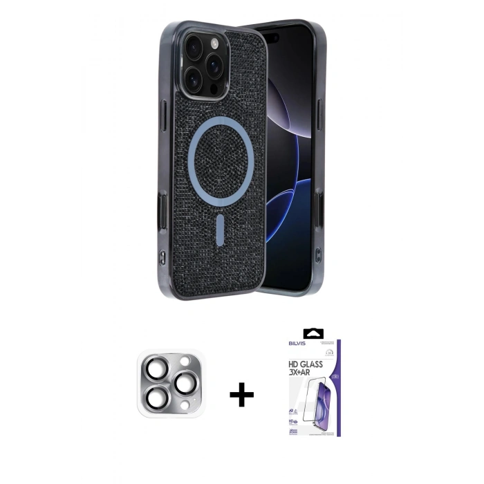 MARSİLYAN™- iPhone 16 Pro Max Kılıf Eksen Çizgi - Siyah Bilvis 3X AR HD Cam Ekran Koruyucu + Pers Alüminyum Kamera Lens - GI