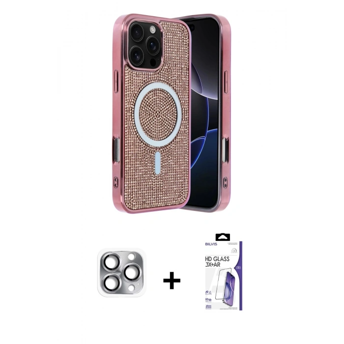 MARSİLYAN™- iPhone 16 Pro Max Kılıf Eksen Çizgi - Siyah Bilvis 3X AR HD Cam Ekran Koruyucu + Pers Alüminyum Kamera Lens - GI