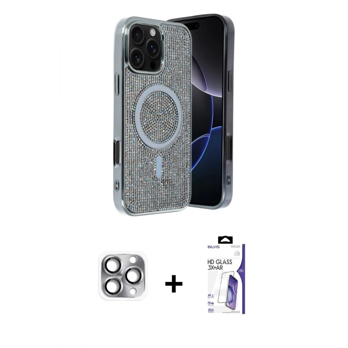 MARSİLYAN™- iPhone 16 Pro Max Kılıf Eksen Çizgi - Siyah Bilvis 3X AR HD Cam Ekran Koruyucu + Pers Alüminyum Kamera Lens - GI