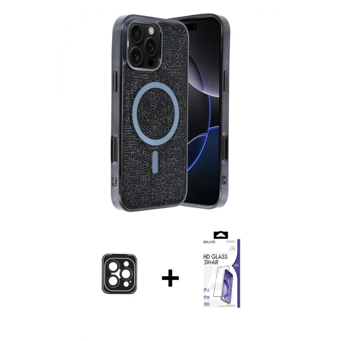MARSİLYAN™- iPhone 16 Pro Max Kılıf Eksen Çizgi - Siyah Bilvis 3X AR HD Cam Ekran Koruyucu + PVD Metal Kamera Lens - SH