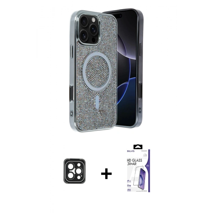 MARSİLYAN™- iPhone 16 Pro Max Kılıf Eksen Çizgi - Siyah Bilvis 3X AR HD Cam Ekran Koruyucu + PVD Metal Kamera Lens - SH