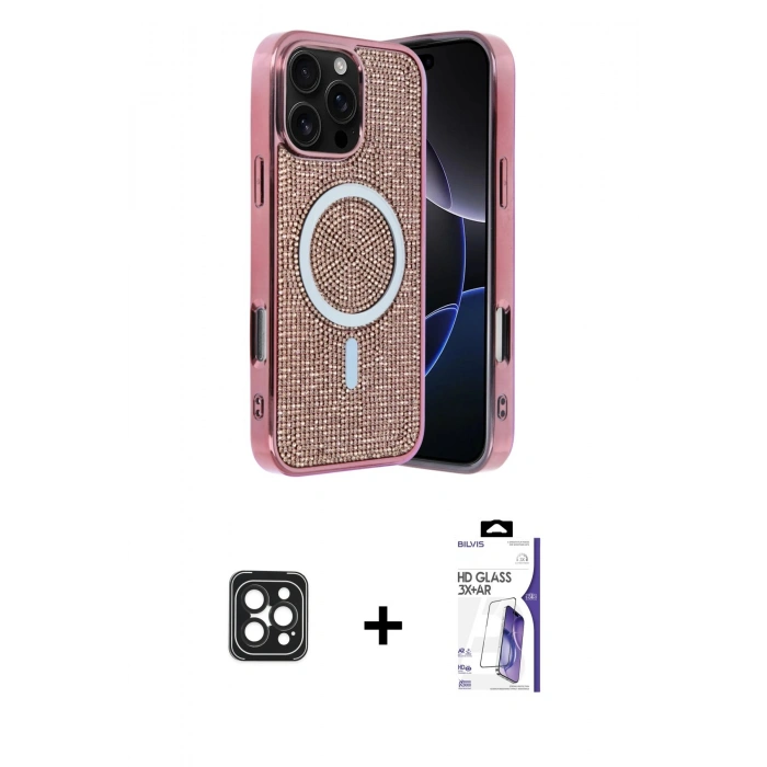 MARSİLYAN™- iPhone 16 Pro Max Kılıf Eksen Çizgi - Siyah Bilvis 3X AR HD Cam Ekran Koruyucu + PVD Metal Kamera Lens - SH