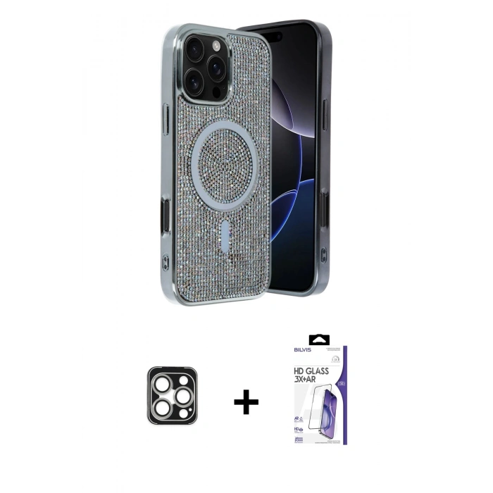 MARSİLYAN™- iPhone 16 Pro Max Kılıf Eksen Çizgi - Siyah Bilvis 3X AR HD Cam Ekran Koruyucu + PVD Metal Kamera Lens - GS