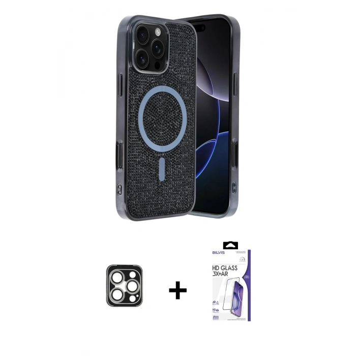 MARSİLYAN™- iPhone 16 Pro Max Kılıf Eksen Çizgi - Siyah Bilvis 3X AR HD Cam Ekran Koruyucu + PVD Metal Kamera Lens - GS