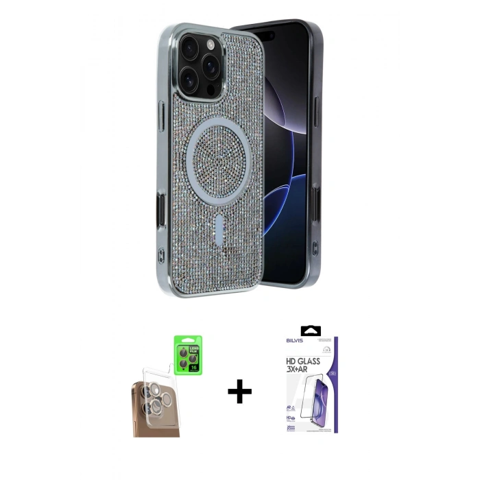 MARSİLYAN™- iPhone 16 Pro Max Kılıf Eksen Çizgi - Siyah Bilvis 3X AR HD Cam Ekran Koruyucu + Raze Metal Kamera Lens - CLTM