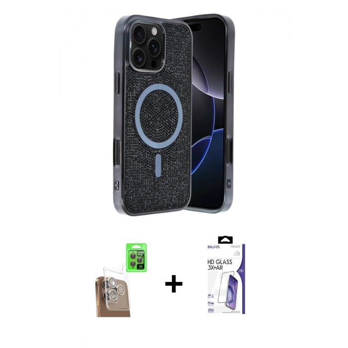MARSİLYAN™- iPhone 16 Pro Max Kılıf Eksen Çizgi - Siyah Bilvis 3X AR HD Cam Ekran Koruyucu + Raze Metal Kamera Lens - CLTM