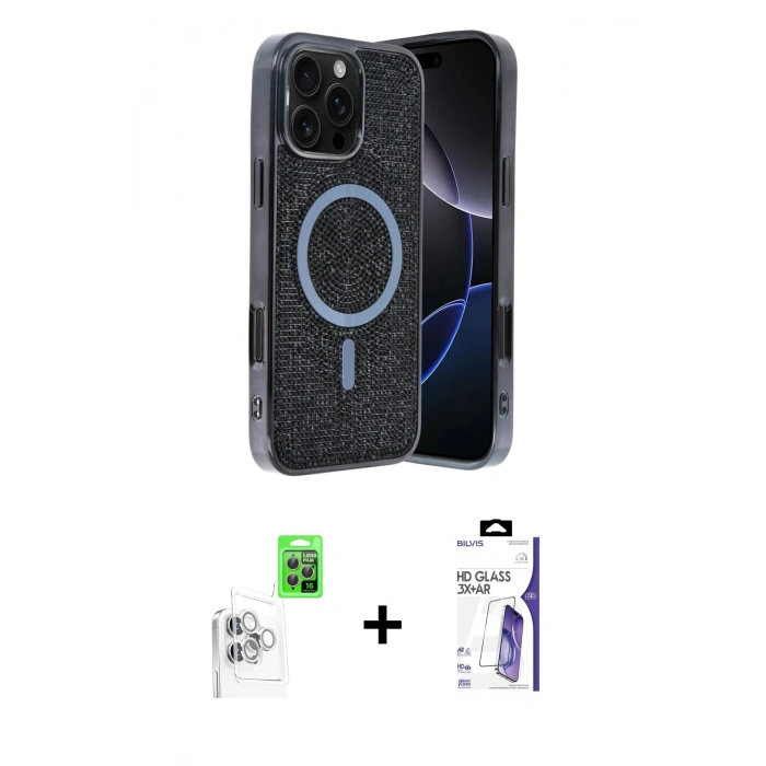 MARSİLYAN™- iPhone 16 Pro Max Kılıf Eksen Çizgi - Siyah Bilvis 3X AR HD Cam Ekran Koruyucu + Raze Metal Kamera Lens - BZ