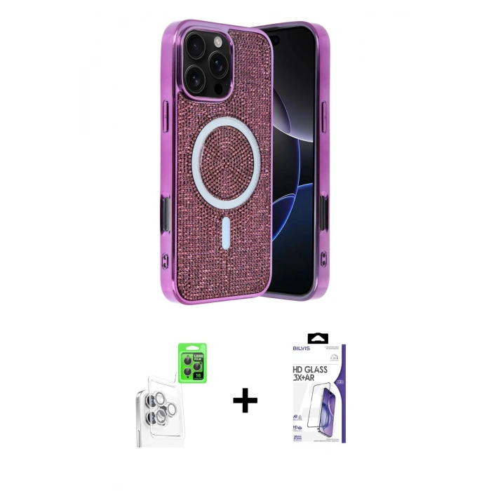 MARSİLYAN™- iPhone 16 Pro Max Kılıf Eksen Çizgi - Siyah Bilvis 3X AR HD Cam Ekran Koruyucu + Raze Metal Kamera Lens - BZ