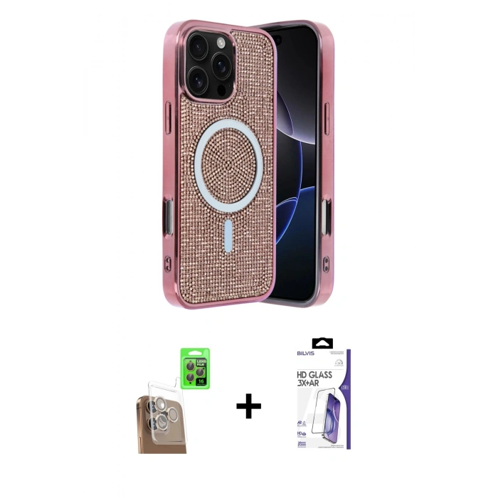 MARSİLYAN™- iPhone 16 Pro Max Kılıf Eksen Çizgi - Siyah Bilvis 3X AR HD Cam Ekran Koruyucu + Raze Metal Kamera Lens - CLTM
