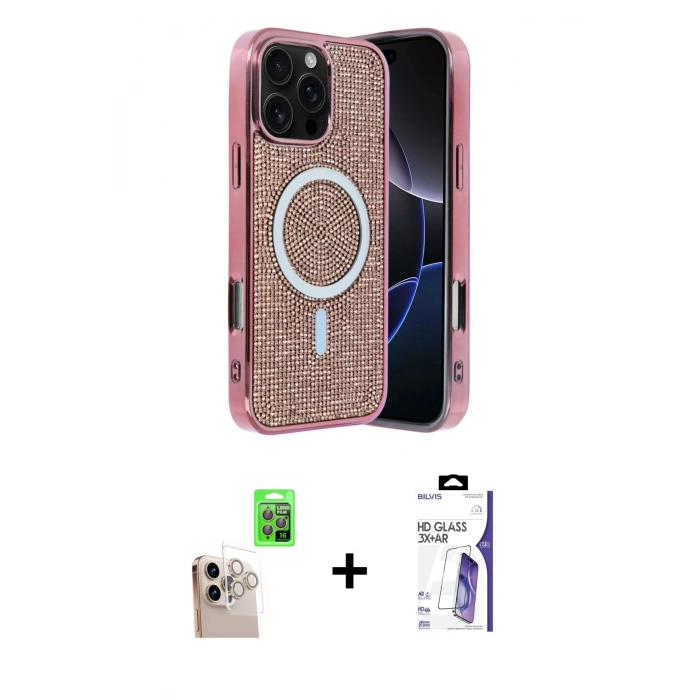 MARSİLYAN™- iPhone 16 Pro Max Kılıf Eksen Çizgi - Siyah Bilvis 3X AR HD Cam Ekran Koruyucu + Raze Metal Kamera Lens - NLGY