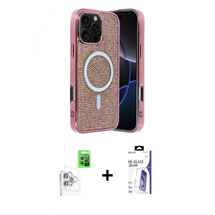 MARSİLYAN™- iPhone 16 Pro Max Kılıf Eksen Çizgi - Siyah Bilvis 3X AR HD Cam Ekran Koruyucu + Raze Metal Kamera Lens - BZ