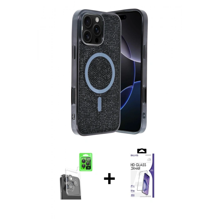 MARSİLYAN™- iPhone 16 Pro Max Kılıf Eksen Çizgi - Siyah Bilvis 3X AR HD Cam Ekran Koruyucu + Raze Metal Kamera Lens - SH