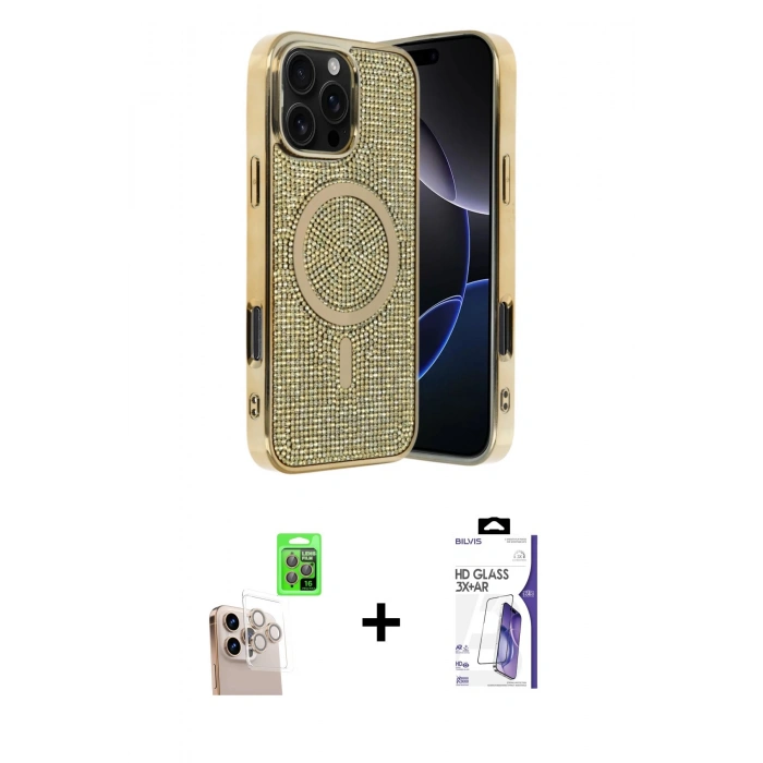MARSİLYAN™- iPhone 16 Pro Max Kılıf Eksen Çizgi - Siyah Bilvis 3X AR HD Cam Ekran Koruyucu + Raze Metal Kamera Lens - NLGY