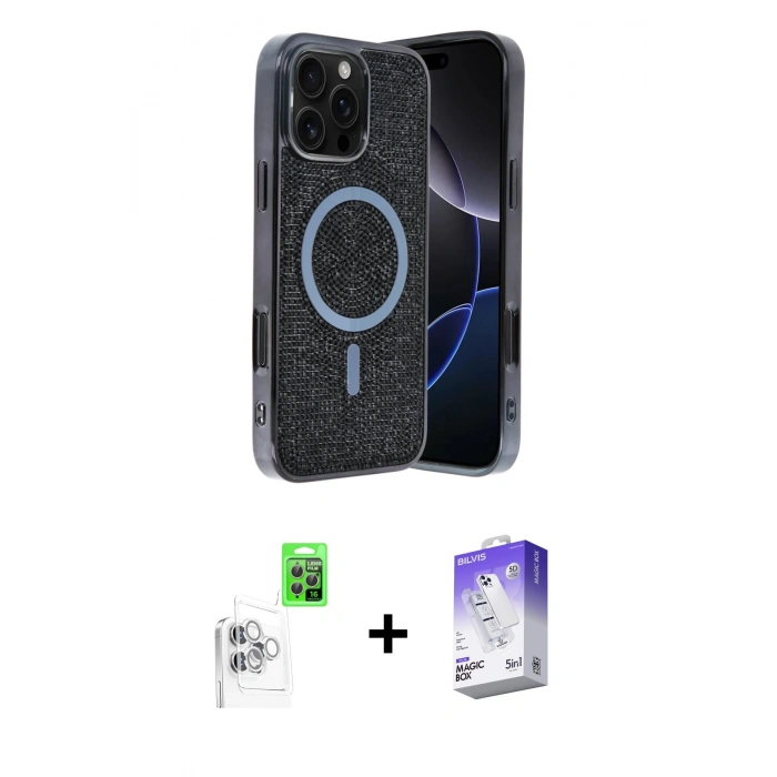 MARSİLYAN™- iPhone 16 Pro Max Kılıf Eksen Çizgi - Siyah Bilvis 5in1 3D Magic Cam Ekran Koruyucu + Beyaz Raze Metal Kamera Lens