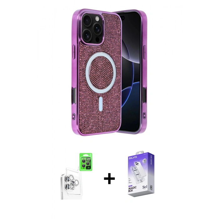 MARSİLYAN™- iPhone 16 Pro Max Kılıf Eksen Çizgi - Siyah Bilvis 5in1 3D Magic Cam Ekran Koruyucu + Beyaz Raze Metal Kamera Lens