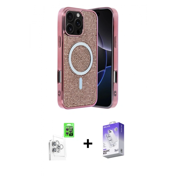 MARSİLYAN™- iPhone 16 Pro Max Kılıf Eksen Çizgi - Siyah Bilvis 5in1 3D Magic Cam Ekran Koruyucu + Beyaz Raze Metal Kamera Lens