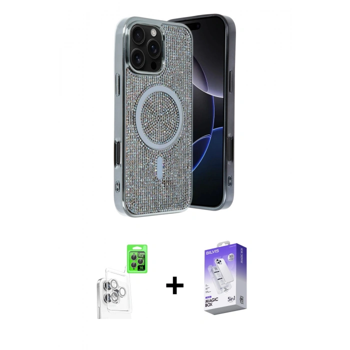 MARSİLYAN™- iPhone 16 Pro Max Kılıf Eksen Çizgi - Siyah Bilvis 5in1 3D Magic Cam Ekran Koruyucu + Beyaz Raze Metal Kamera Lens