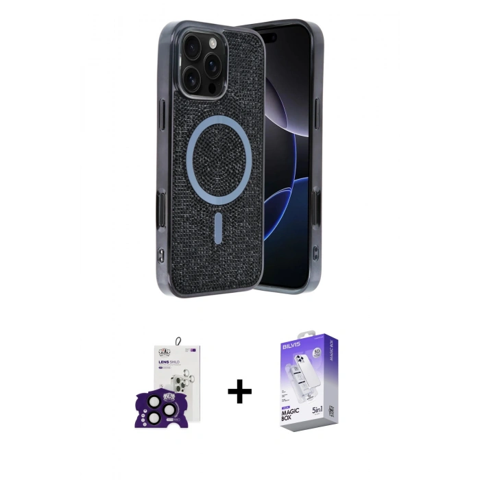 MARSİLYAN™- iPhone 16 Pro Max Kılıf Eksen Çizgi - Siyah Bilvis 5in1 3D Magic Cam Ekran Koruyucu + Bilvis Titan Kamera Lens - SH