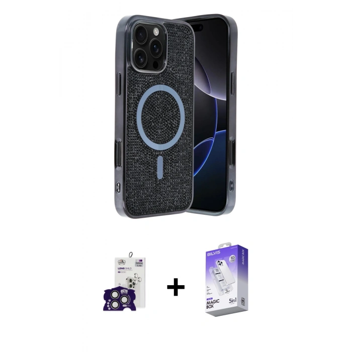 MARSİLYAN™- iPhone 16 Pro Max Kılıf Eksen Çizgi - Siyah Bilvis 5in1 3D Magic Cam Ekran Koruyucu + Bilvis Titan Kamera Lens - TMGI