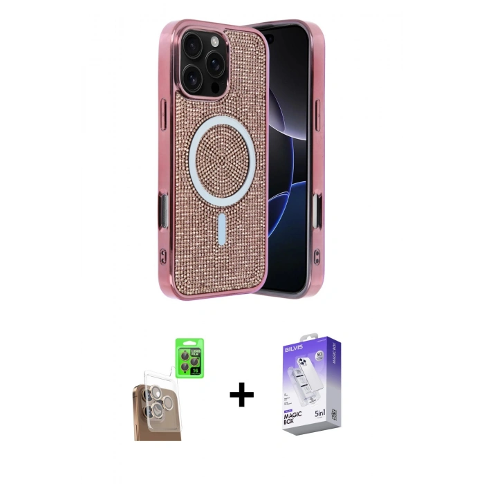 MARSİLYAN™- iPhone 16 Pro Max Kılıf Eksen Çizgi - Siyah Bilvis 5in1 3D Magic Cam Ekran Koruyucu + Raze Metal Kamera Lens - CLTM