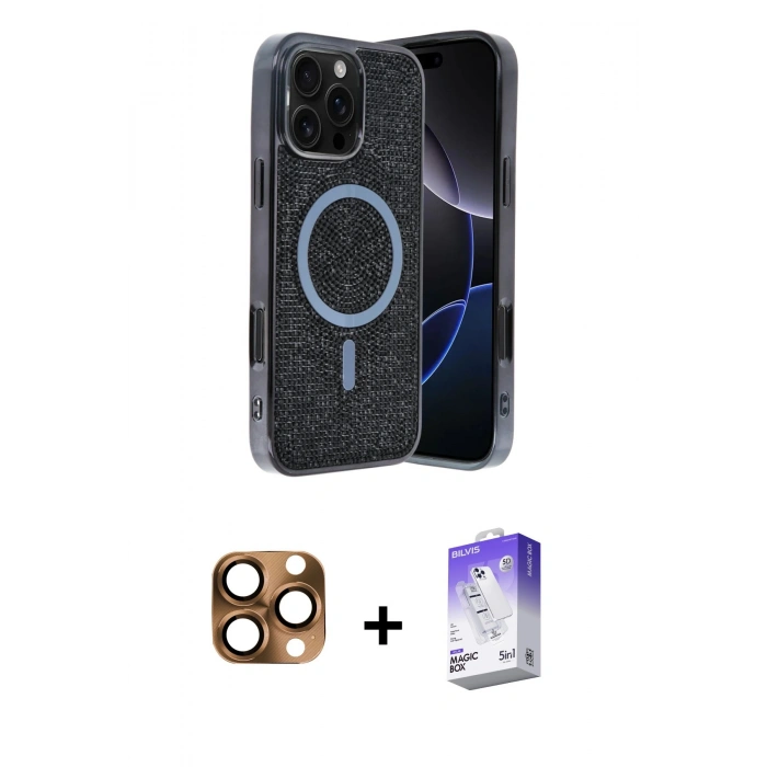 MARSİLYAN™- iPhone 16 Pro Max Kılıf Eksen Çizgi - Siyah Bilvis 5in1 3D Magic Cam Ekran Koruyucu + Pers Alüminyum Kamera Lens - CLTM