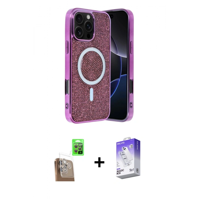 MARSİLYAN™- iPhone 16 Pro Max Kılıf Eksen Çizgi - Siyah Bilvis 5in1 3D Magic Cam Ekran Koruyucu + Raze Metal Kamera Lens - CLTM