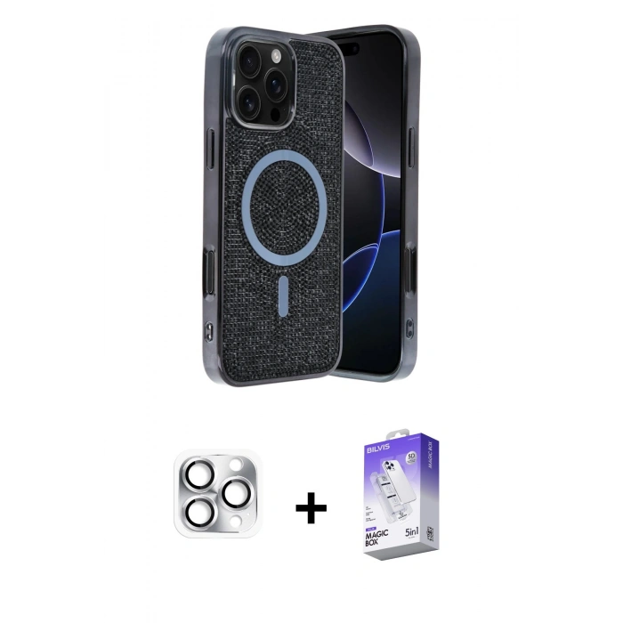 MARSİLYAN™- iPhone 16 Pro Max Kılıf Eksen Çizgi - Siyah Bilvis 5in1 3D Magic Cam Ekran Koruyucu + Gümüş Pers Alüminyum Kamera Lens