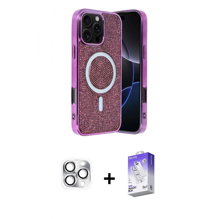 MARSİLYAN™- iPhone 16 Pro Max Kılıf Eksen Çizgi - Siyah Bilvis 5in1 3D Magic Cam Ekran Koruyucu + Gümüş Pers Alüminyum Kamera Lens