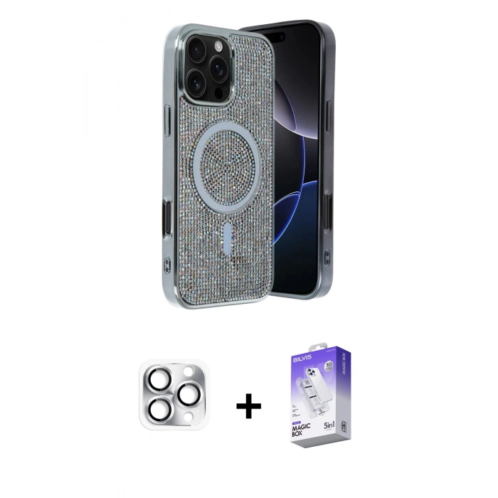 MARSİLYAN™- iPhone 16 Pro Max Kılıf Eksen Çizgi - Siyah Bilvis 5in1 3D Magic Cam Ekran Koruyucu + Gümüş Pers Alüminyum Kamera Lens