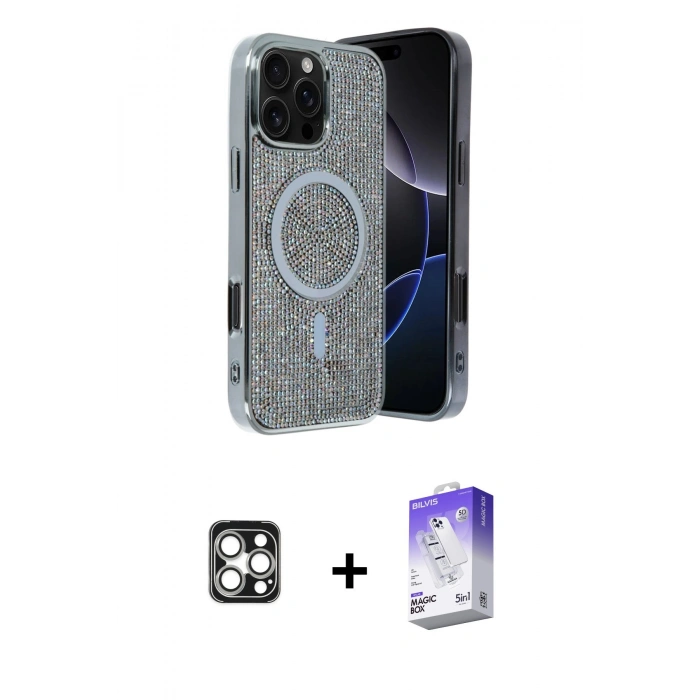 MARSİLYAN™- iPhone 16 Pro Max Kılıf Eksen Çizgi - Siyah Bilvis 5in1 3D Magic Cam Ekran Koruyucu + PVD Metal Kamera Lens - GS