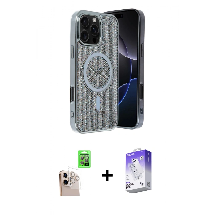 MARSİLYAN™- iPhone 16 Pro Max Kılıf Eksen Çizgi - Siyah Bilvis 5in1 3D Magic Cam Ekran Koruyucu + Raze Metal Kamera Lens - NLGY