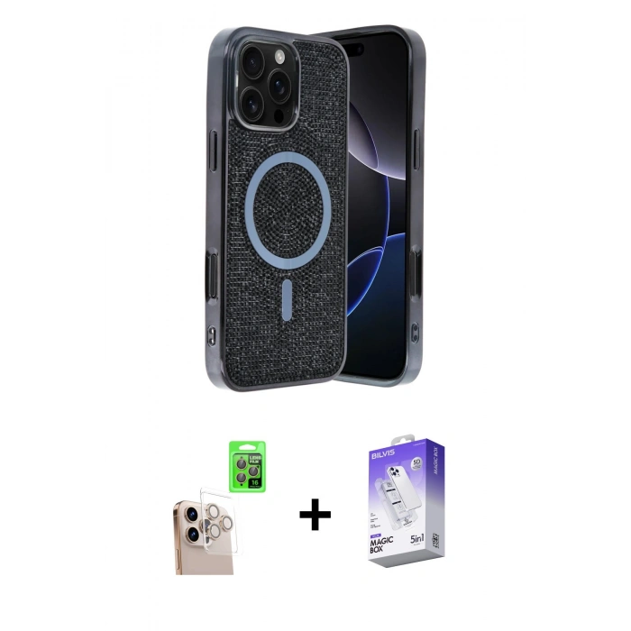 MARSİLYAN™- iPhone 16 Pro Max Kılıf Eksen Çizgi - Siyah Bilvis 5in1 3D Magic Cam Ekran Koruyucu + Raze Metal Kamera Lens - NLGY