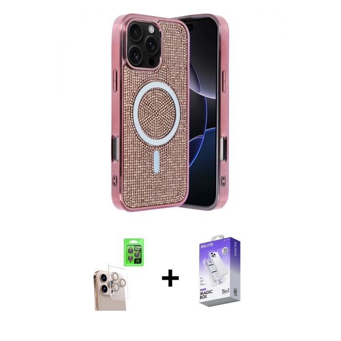 MARSİLYAN™- iPhone 16 Pro Max Kılıf Eksen Çizgi - Siyah Bilvis 5in1 3D Magic Cam Ekran Koruyucu + Raze Metal Kamera Lens - NLGY