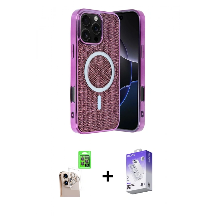 MARSİLYAN™- iPhone 16 Pro Max Kılıf Eksen Çizgi - Siyah Bilvis 5in1 3D Magic Cam Ekran Koruyucu + Raze Metal Kamera Lens - NLGY