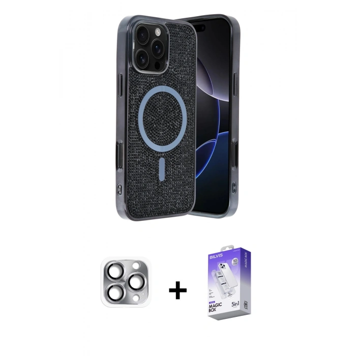 MARSİLYAN™- iPhone 16 Pro Max Kılıf Eksen Çizgi - Siyah Bilvis 5in1 3D Magic Cam Ekran Koruyucu + Pers Alüminyum Kamera Lens - GI