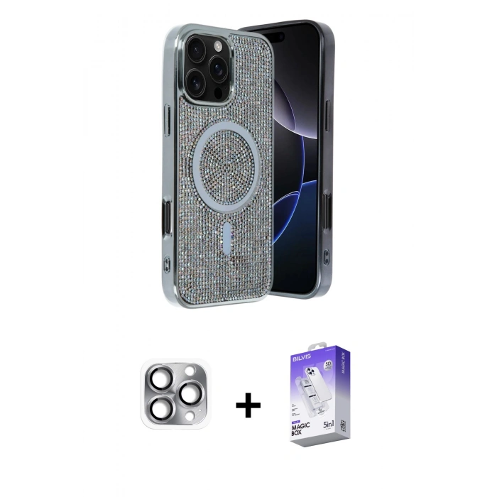 MARSİLYAN™- iPhone 16 Pro Max Kılıf Eksen Çizgi - Siyah Bilvis 5in1 3D Magic Cam Ekran Koruyucu + Pers Alüminyum Kamera Lens - GI