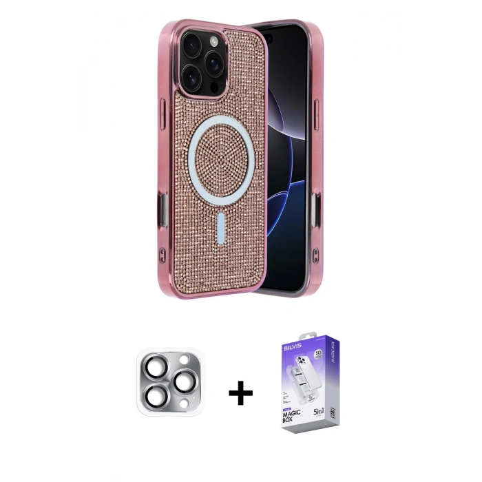 MARSİLYAN™- iPhone 16 Pro Max Kılıf Eksen Çizgi - Siyah Bilvis 5in1 3D Magic Cam Ekran Koruyucu + Pers Alüminyum Kamera Lens - GI