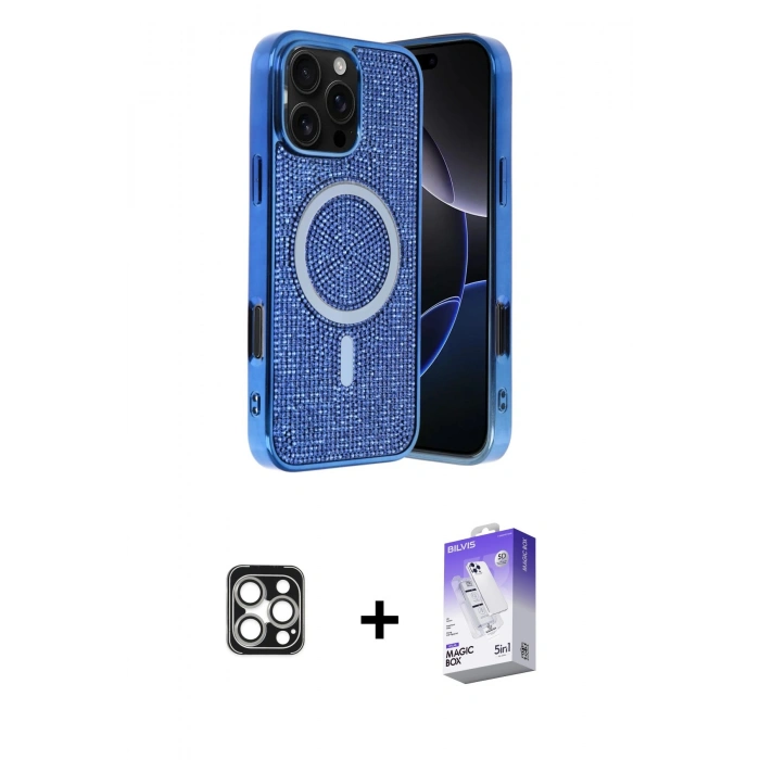 MARSİLYAN™- iPhone 16 Pro Max Kılıf Eksen Çizgi - Siyah Bilvis 5in1 3D Magic Cam Ekran Koruyucu + PVD Metal Kamera Lens - GS