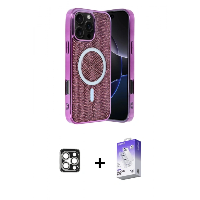 MARSİLYAN™- iPhone 16 Pro Max Kılıf Eksen Çizgi - Siyah Bilvis 5in1 3D Magic Cam Ekran Koruyucu + PVD Metal Kamera Lens - GS